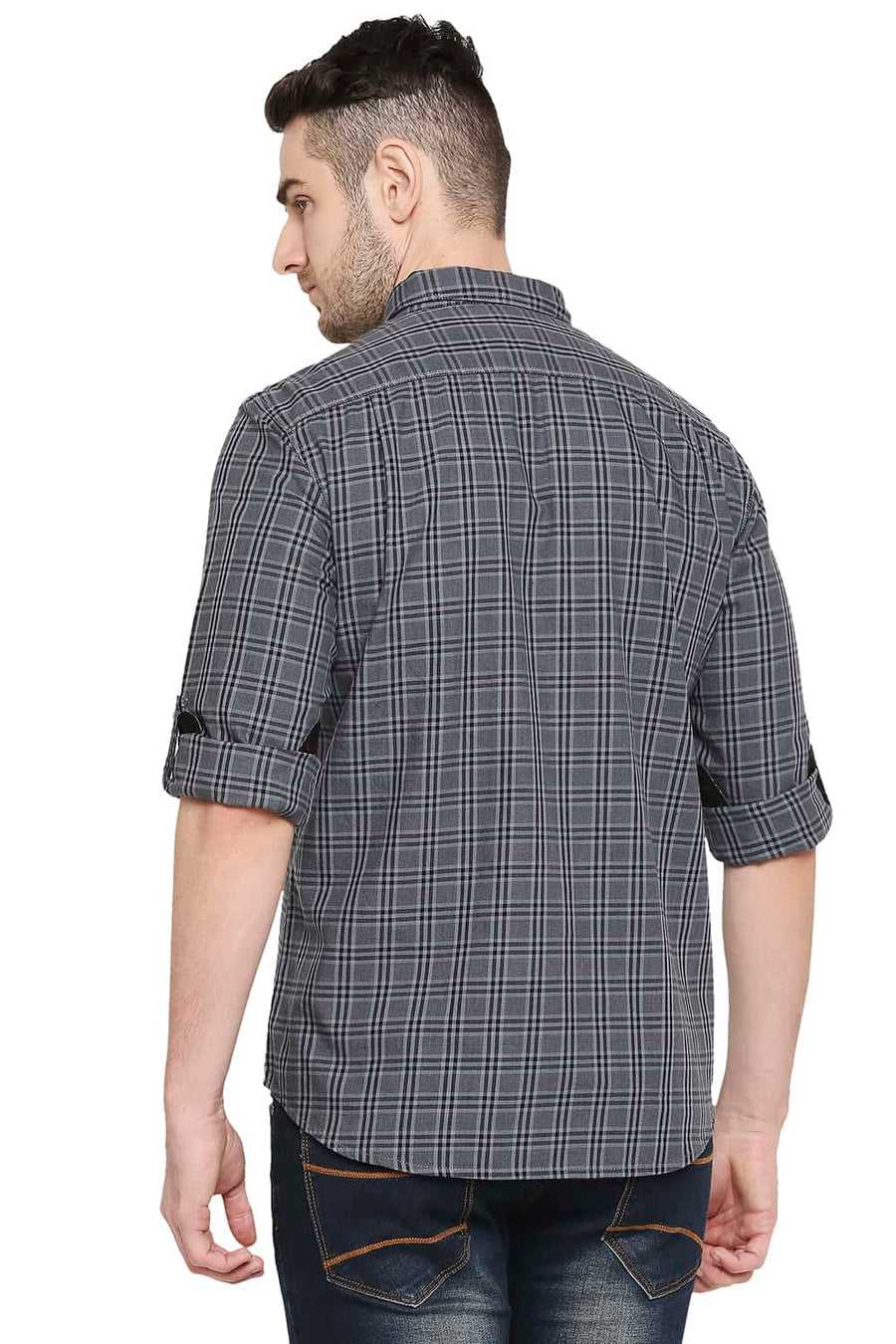 BASICS SLIM FIT LIMO BLACK CHECKS SHIRT