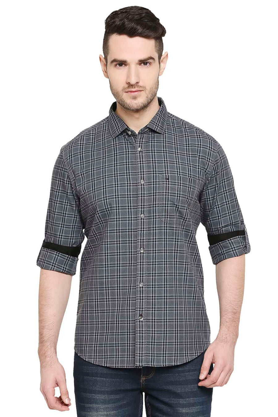 BASICS SLIM FIT LIMO BLACK CHECKS SHIRT