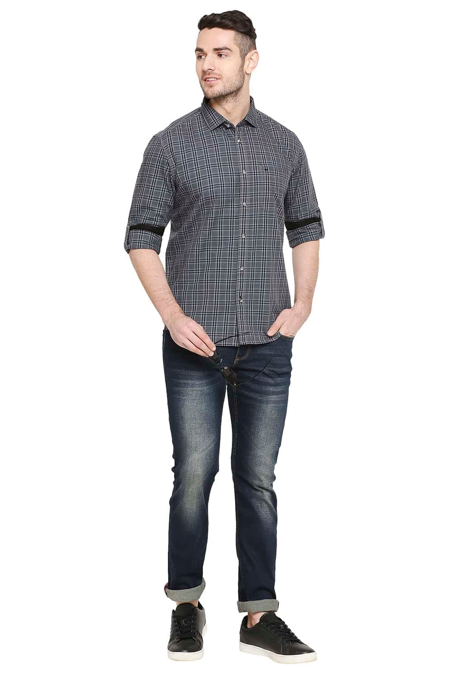 BASICS SLIM FIT LIMO BLACK CHECKS SHIRT