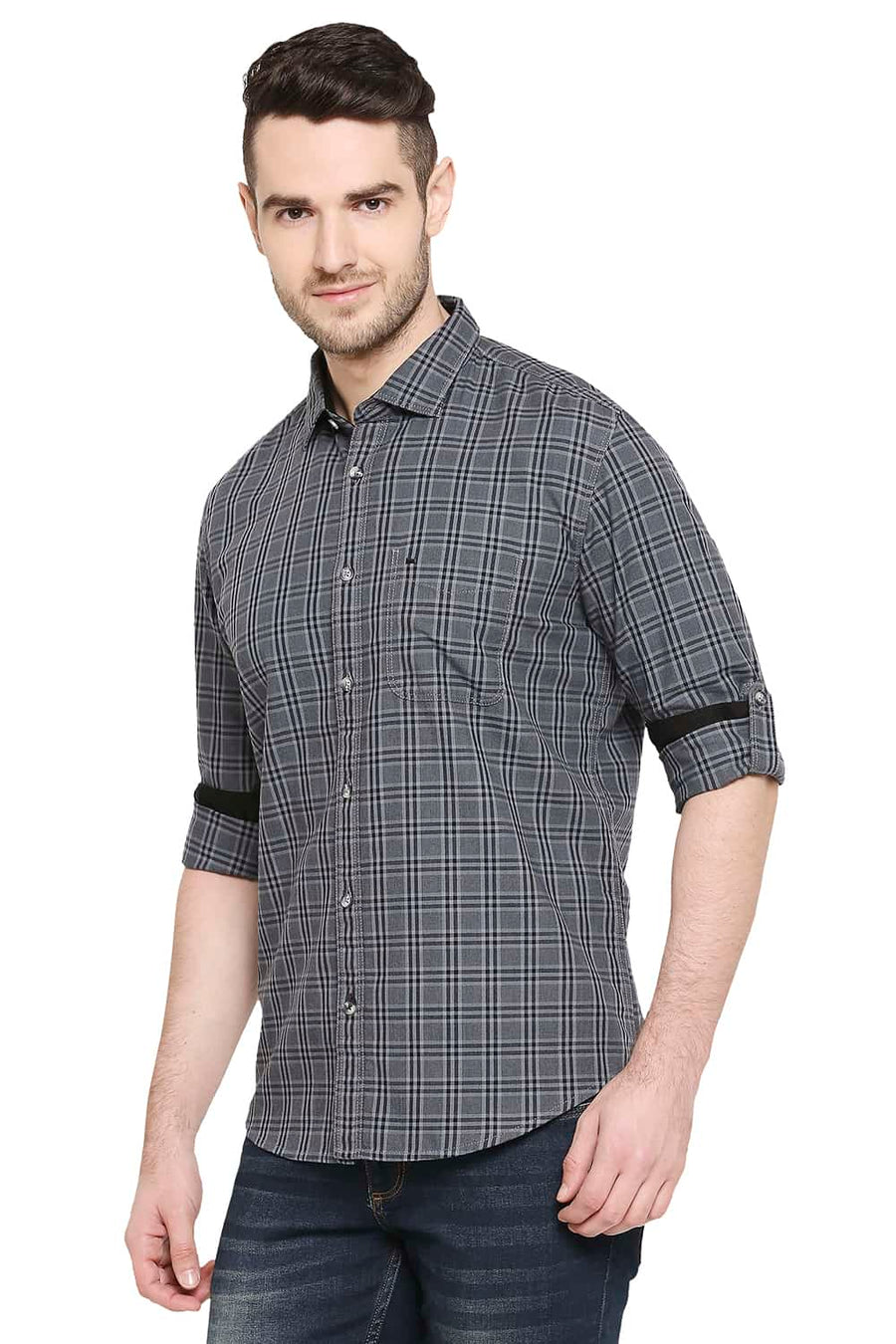 BASICS SLIM FIT LIMO BLACK CHECKS SHIRT