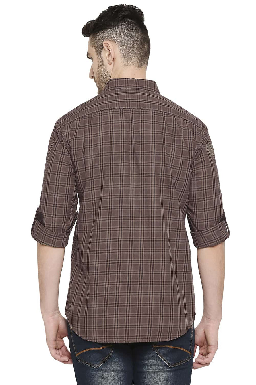 BASICS SLIM FIT ACORN BROWN CHECKS SHIRT