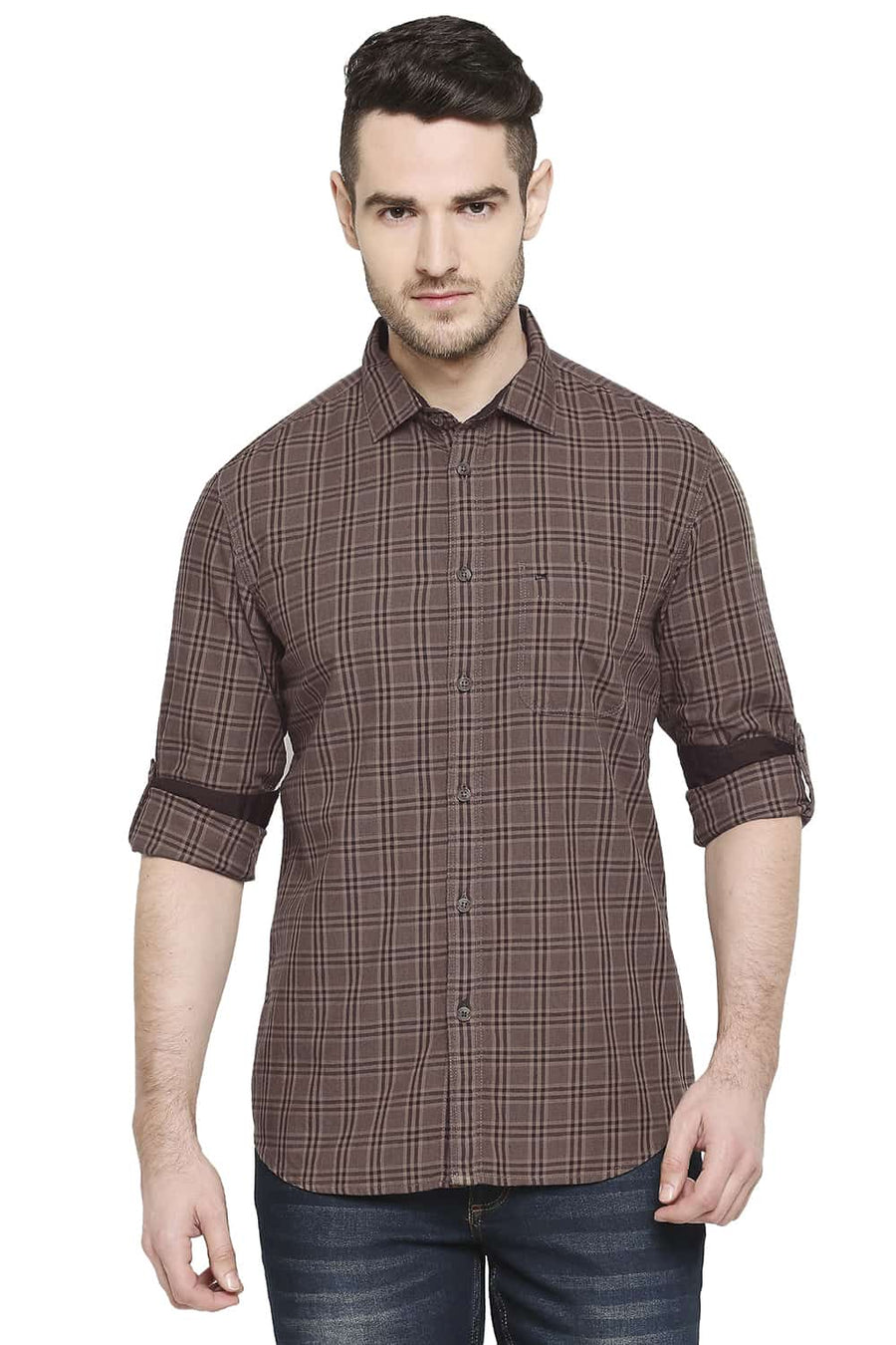 BASICS SLIM FIT ACORN BROWN CHECKS SHIRT