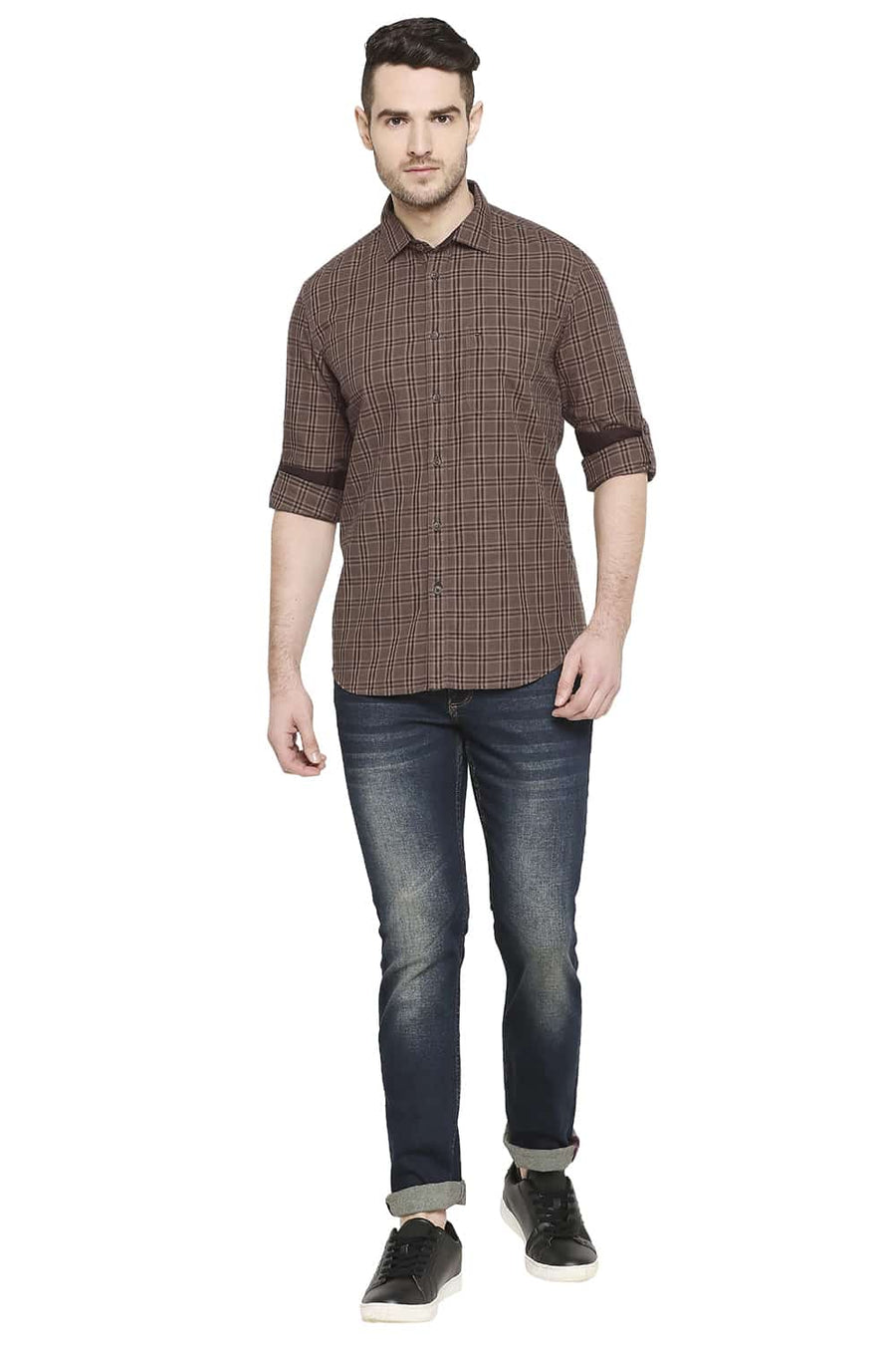 BASICS SLIM FIT ACORN BROWN CHECKS SHIRT