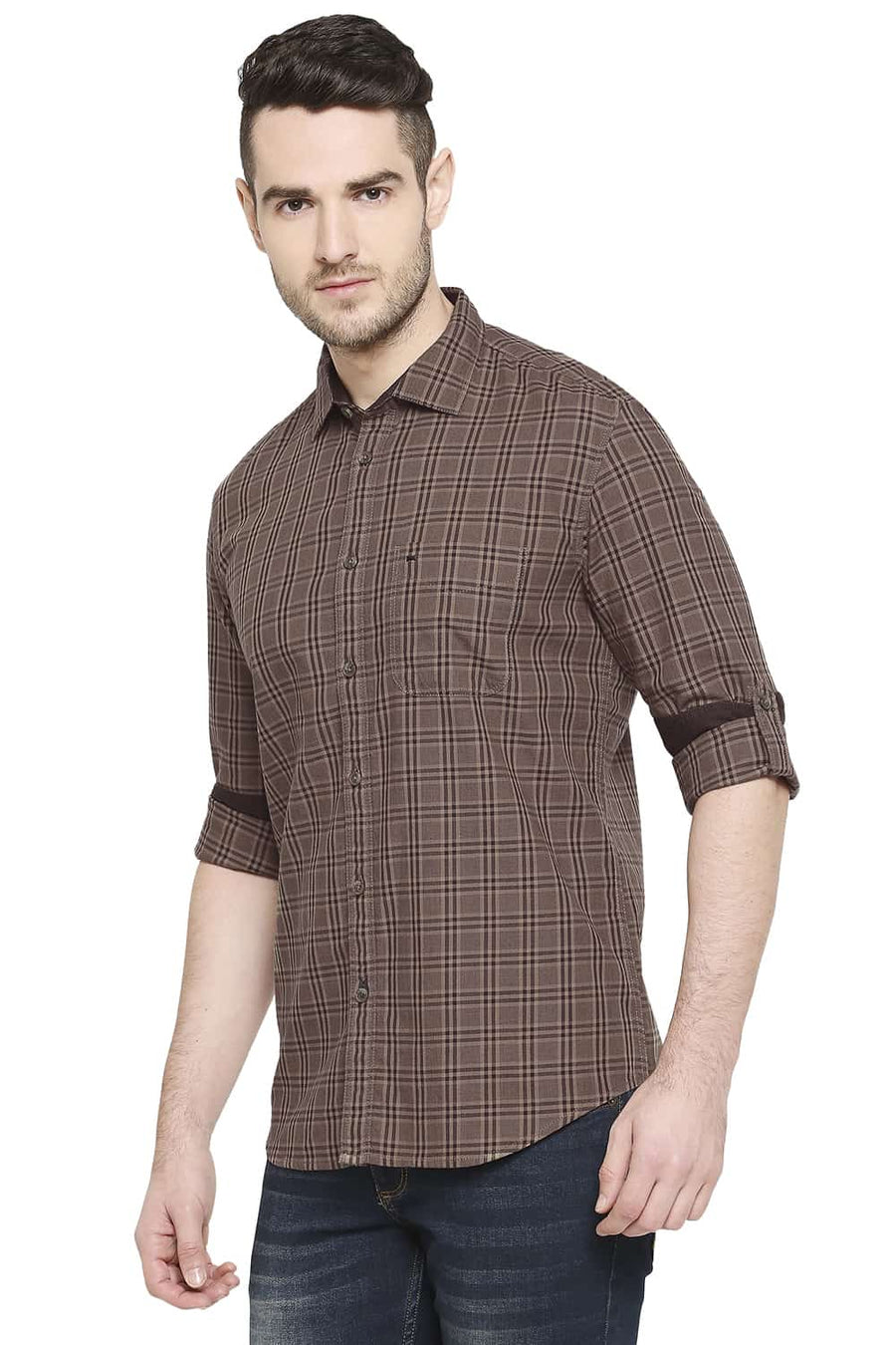 BASICS SLIM FIT ACORN BROWN CHECKS SHIRT