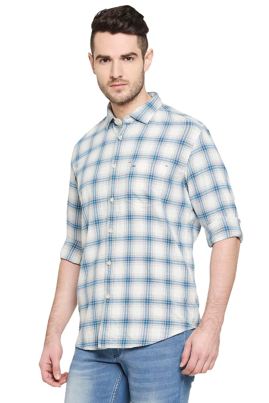BASICS SLIM FIT TURKISH BLUE CHECKS SHIRT