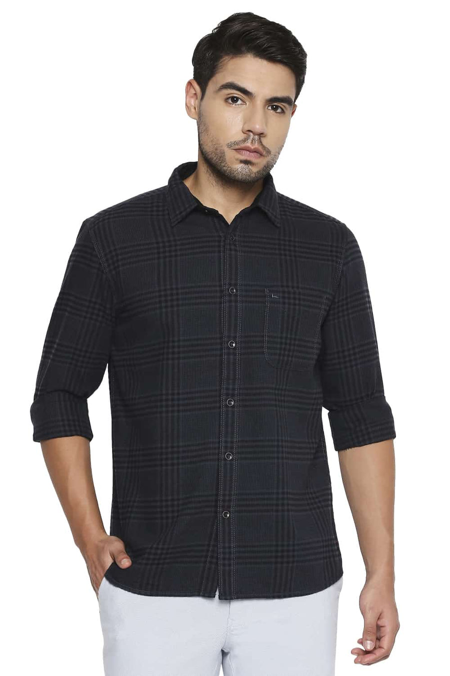 BASICS SLIM FIT CASTLEROCK GREY CHECKS SHIRT