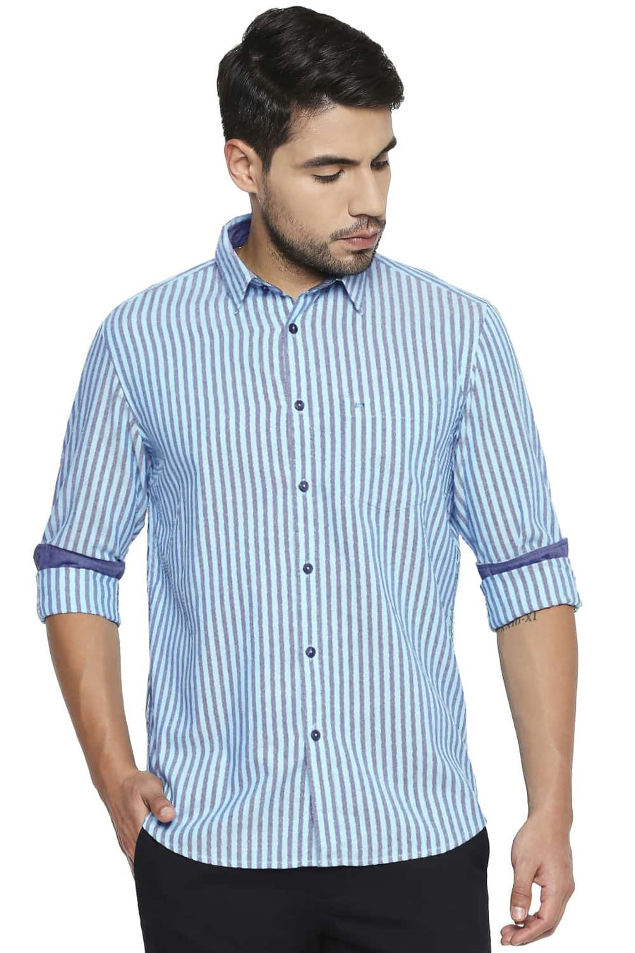 BASICS SLIM FIT BACHELOR AQUA STRIPE SHIRT