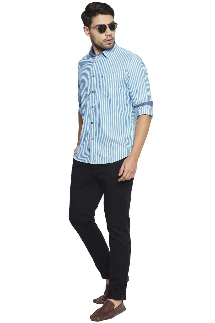 BASICS SLIM FIT BACHELOR AQUA STRIPE SHIRT