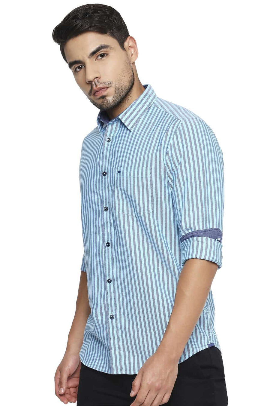 BASICS SLIM FIT BACHELOR AQUA STRIPE SHIRT