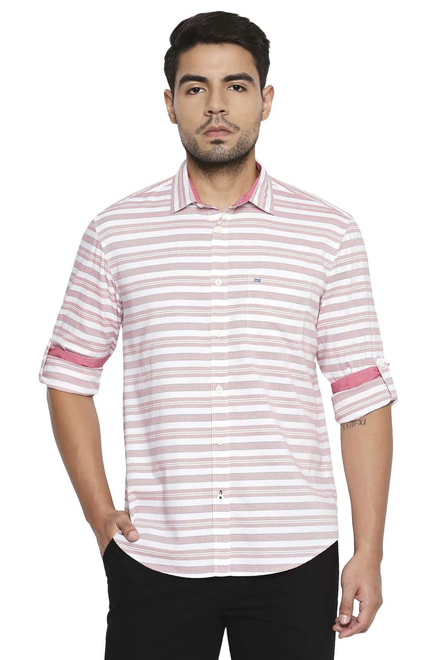 BASICS SLIM FIT ROSE RED WEFT STRIPE SHIRT