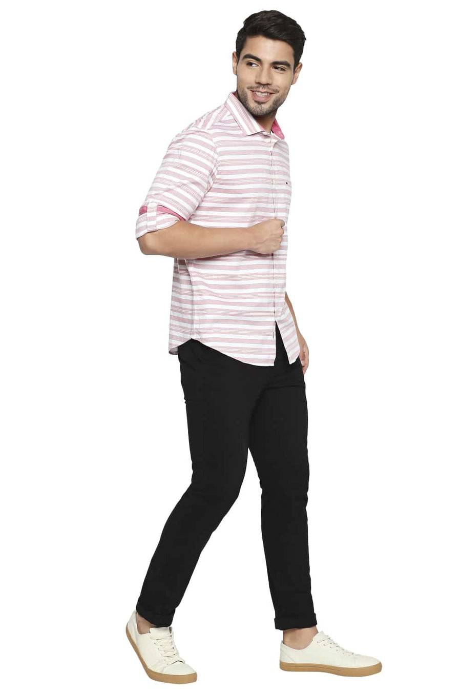 BASICS SLIM FIT ROSE RED WEFT STRIPE SHIRT