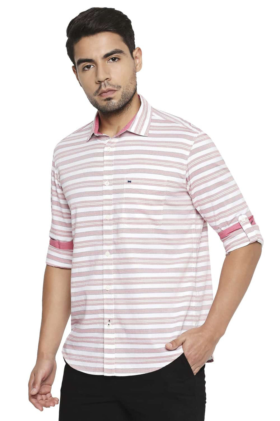 BASICS SLIM FIT ROSE RED WEFT STRIPE SHIRT