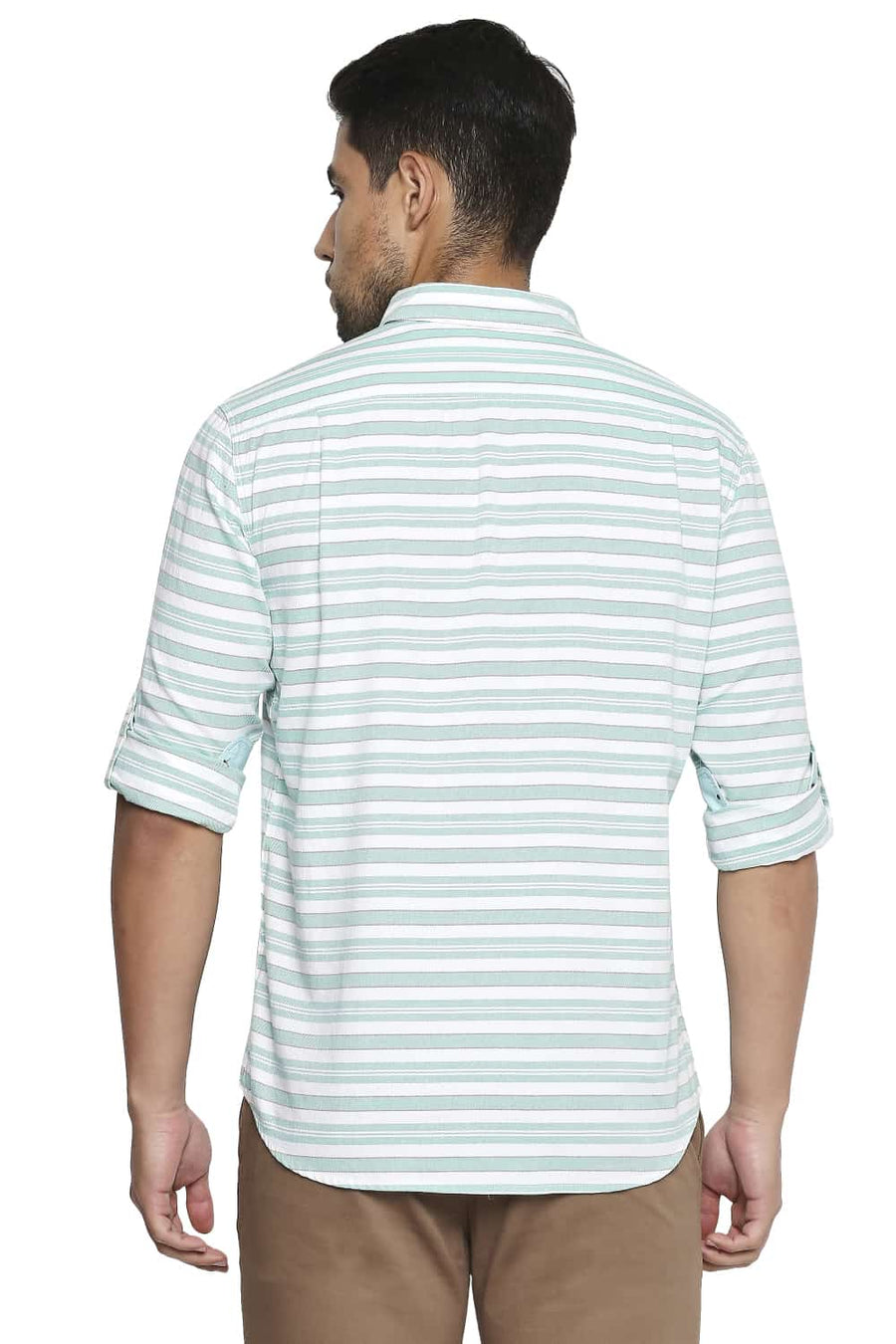 BASICS SLIM FIT HOLIDAY GREEN WEFT STRIPE SHIRT