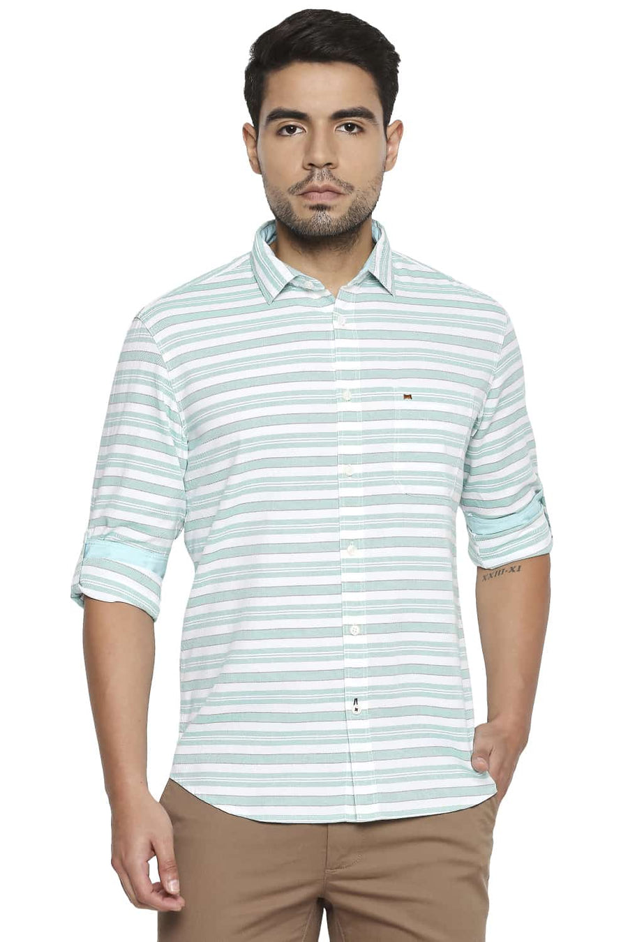 BASICS SLIM FIT HOLIDAY GREEN WEFT STRIPE SHIRT