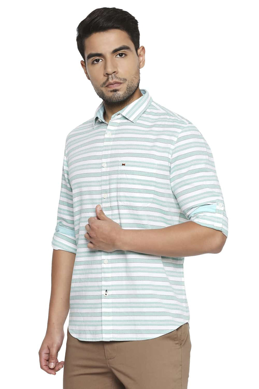 BASICS SLIM FIT HOLIDAY GREEN WEFT STRIPE SHIRT