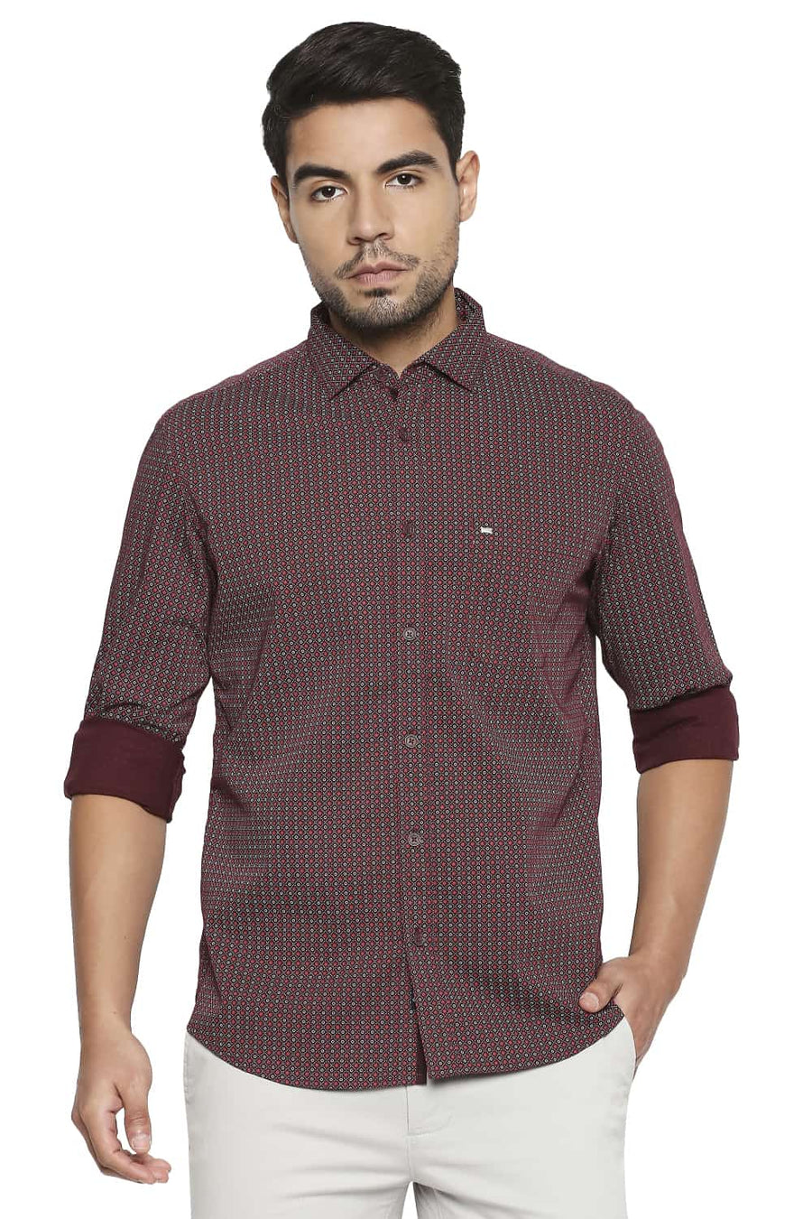 BASICS SLIM FIT WINDSOR RED PRINTED SHIRT
