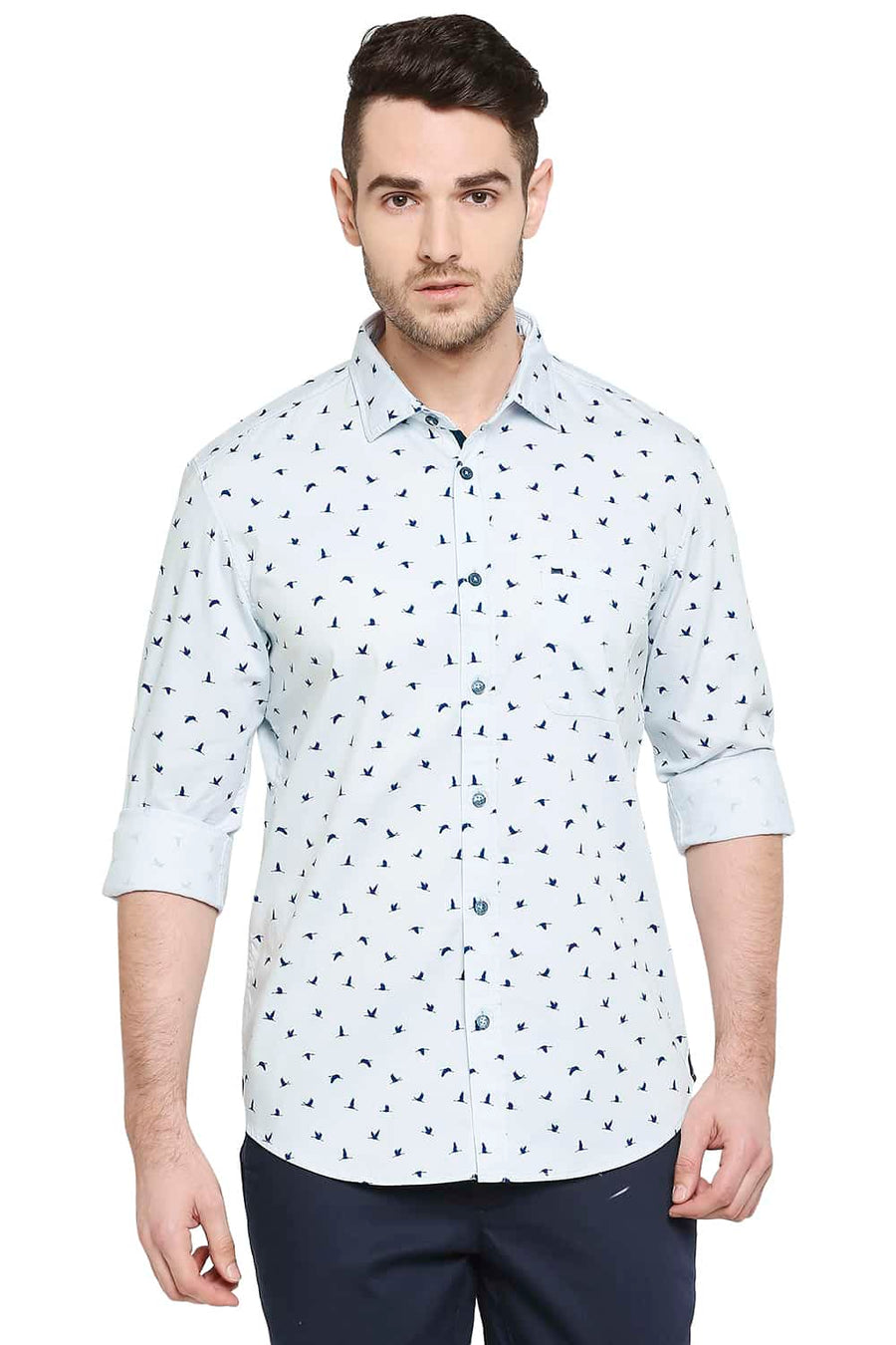 BASICS SLIM FIT ICE GREY PRINTED STRETCH SHIRT