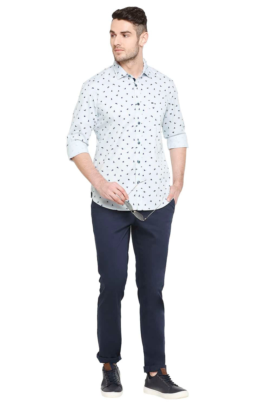 BASICS SLIM FIT ICE GREY PRINTED STRETCH SHIRT