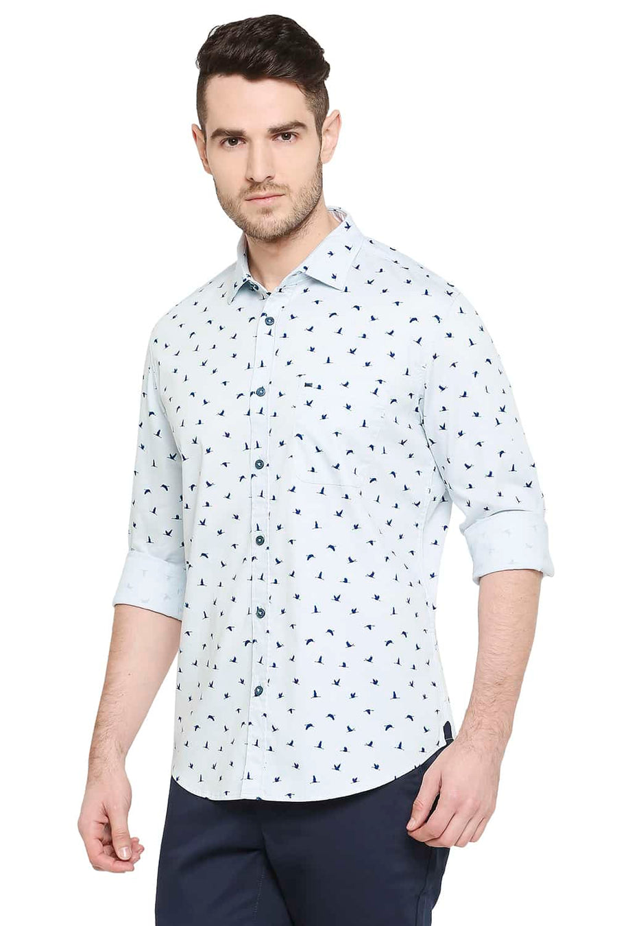 BASICS SLIM FIT ICE GREY PRINTED STRETCH SHIRT