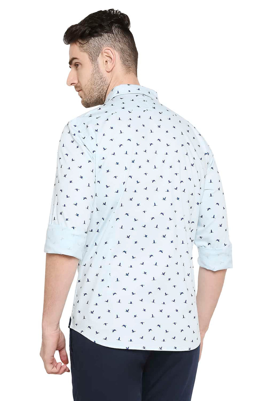 BASICS SLIM FIT CRYSTAL BLUE PRINTED STRETCH SHIRT