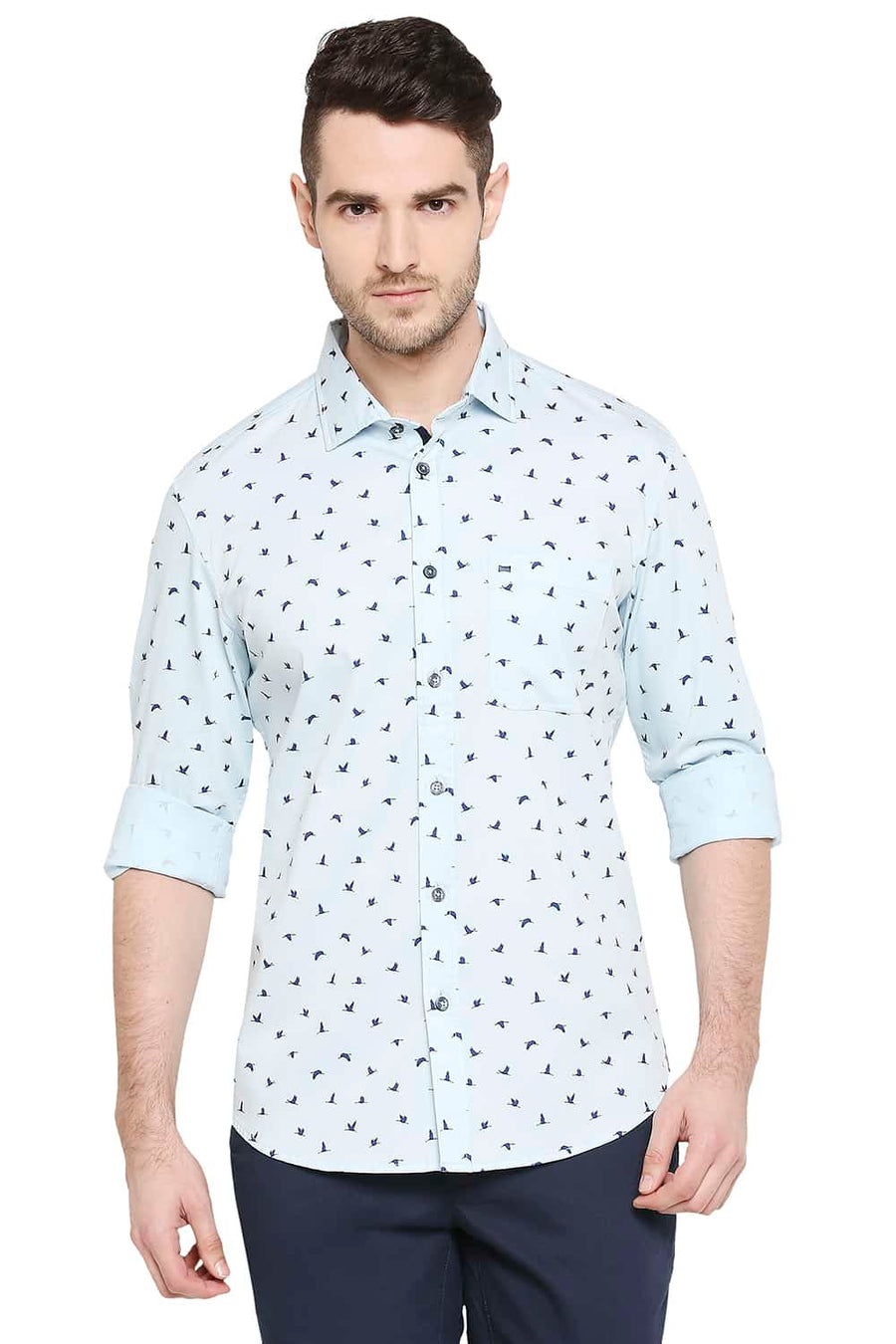 BASICS SLIM FIT CRYSTAL BLUE PRINTED STRETCH SHIRT