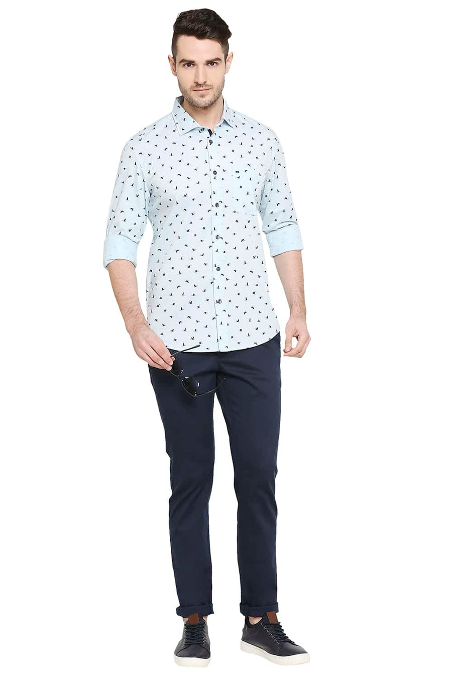 BASICS SLIM FIT CRYSTAL BLUE PRINTED STRETCH SHIRT