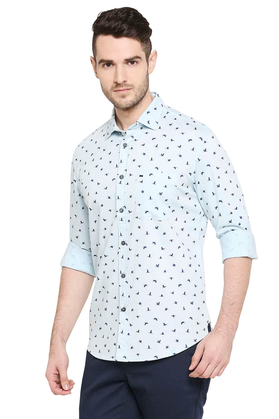 BASICS SLIM FIT CRYSTAL BLUE PRINTED STRETCH SHIRT