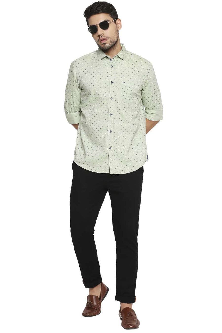 BASICS SLIM FIT GLEAM GREEN PRINTED SHIRT