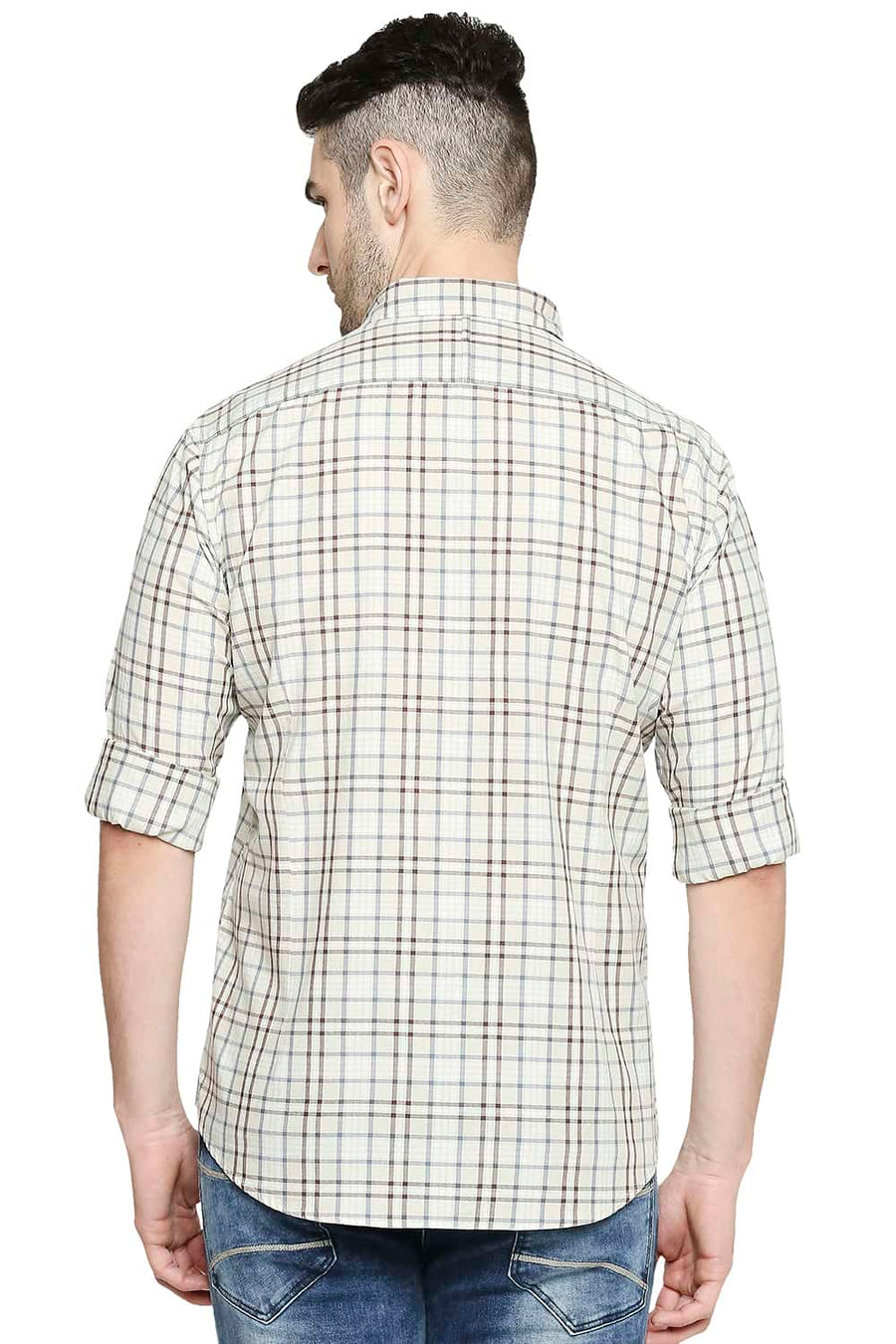 BASICS SLIM FIT OVERCAST BEIGE CHECKS SHIRT