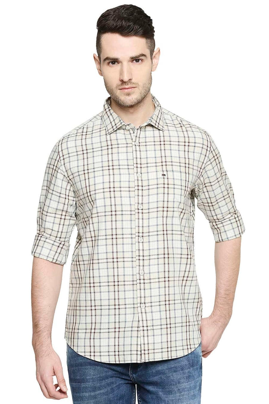 BASICS SLIM FIT OVERCAST BEIGE CHECKS SHIRT