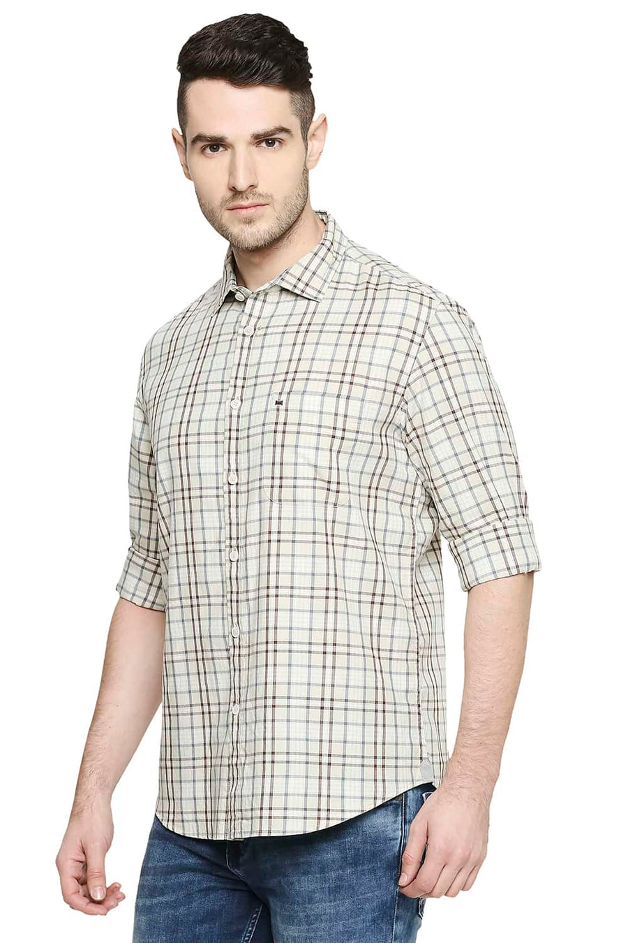 BASICS SLIM FIT OVERCAST BEIGE CHECKS SHIRT