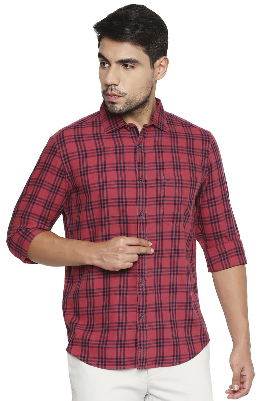 BASICS SLIM FIT CRANBERRY RED CHECKS SHIRT