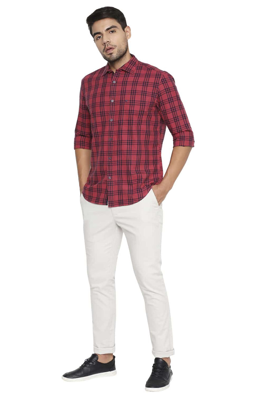 BASICS SLIM FIT CRANBERRY RED CHECKS SHIRT