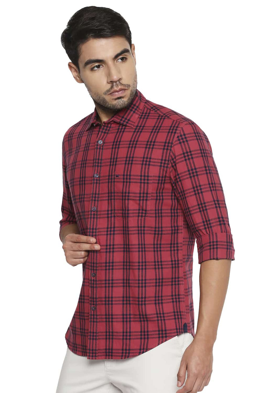 BASICS SLIM FIT CRANBERRY RED CHECKS SHIRT