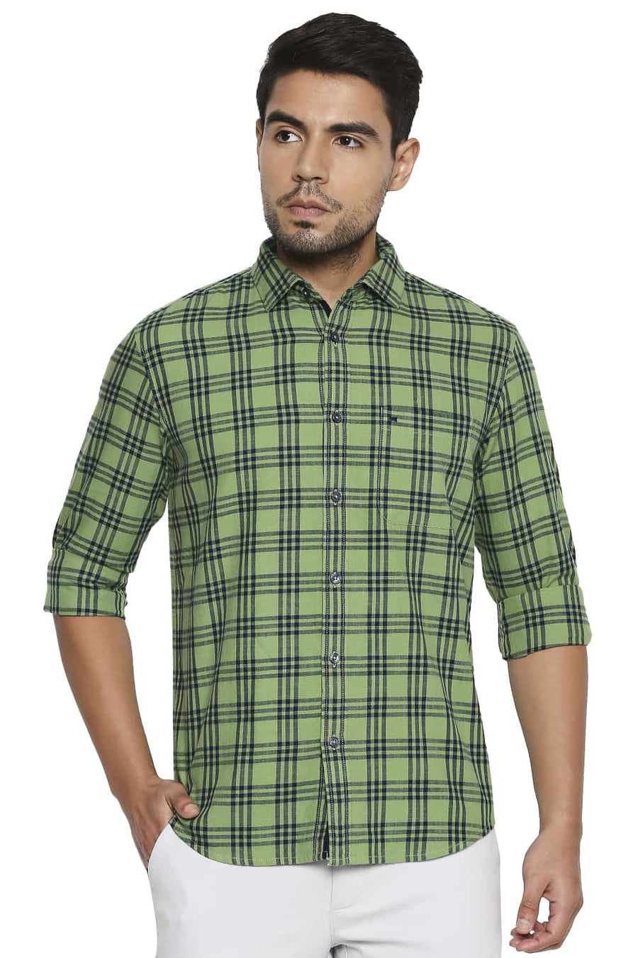 BASICS SLIM FIT FOREST GREEN CHECKS SHIRT