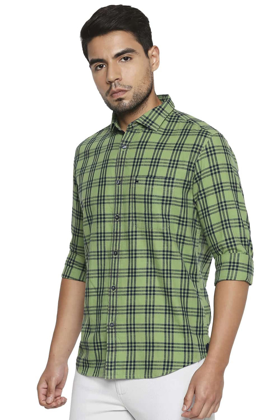 BASICS SLIM FIT FOREST GREEN CHECKS SHIRT