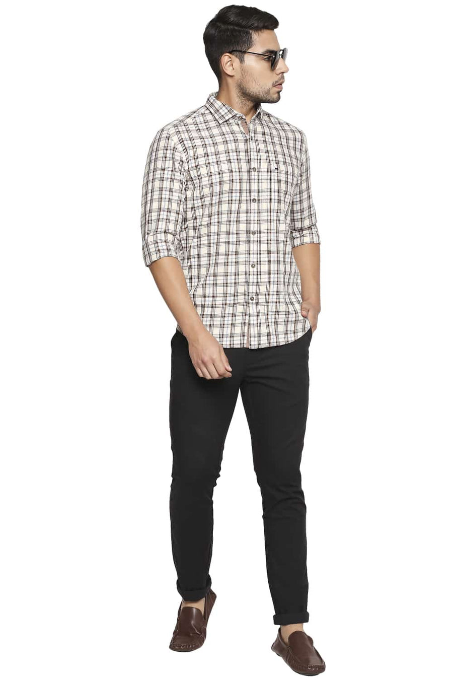 BASICS SLIM FIT BROWN SUGAR CHECKS SHIRT