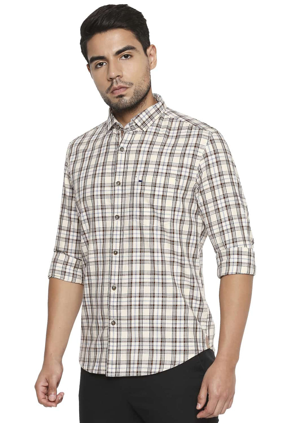 BASICS SLIM FIT BROWN SUGAR CHECKS SHIRT