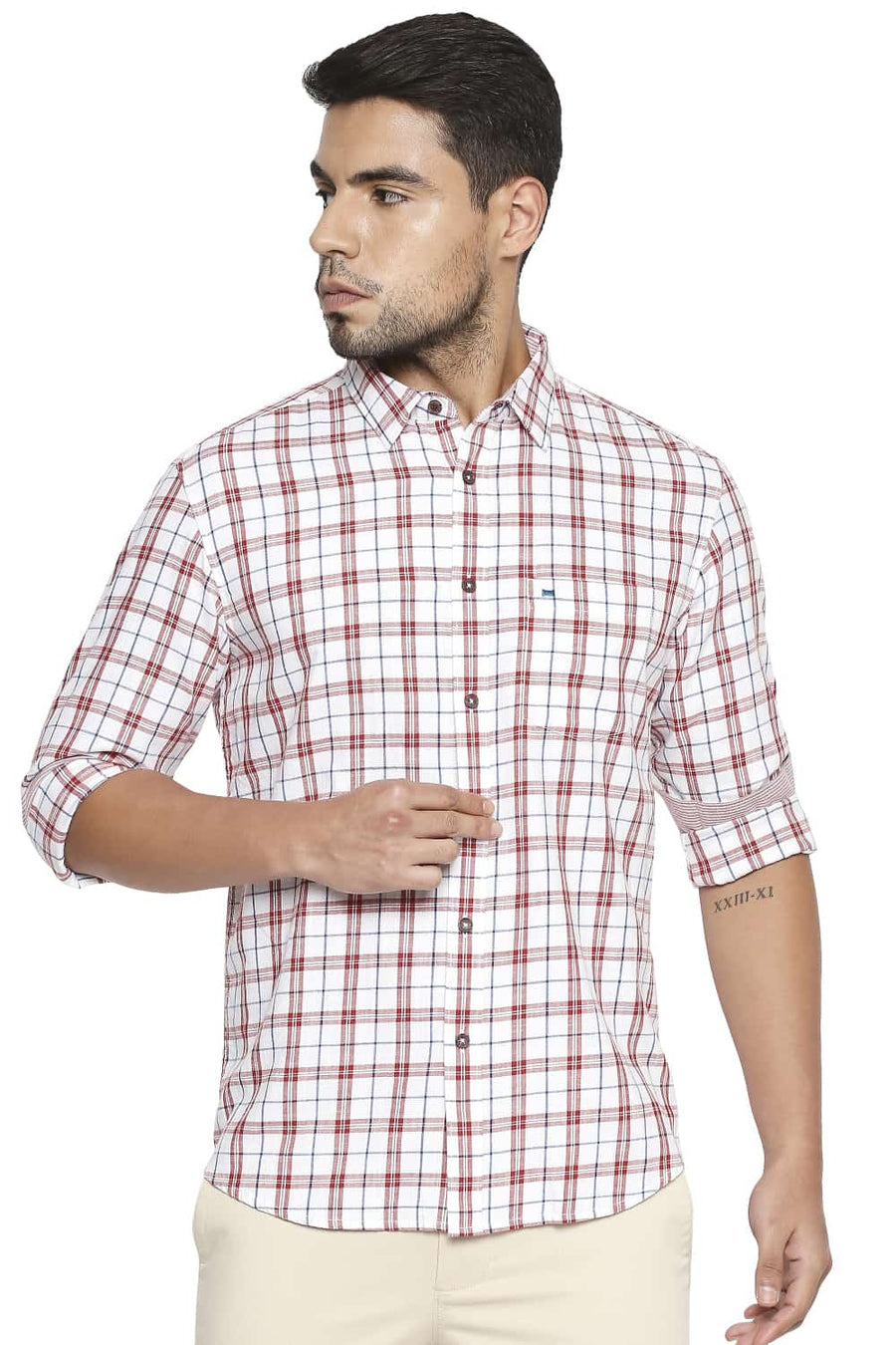 BASICS SLIM FIT POMPEIAN RED CHECKS SHIRT