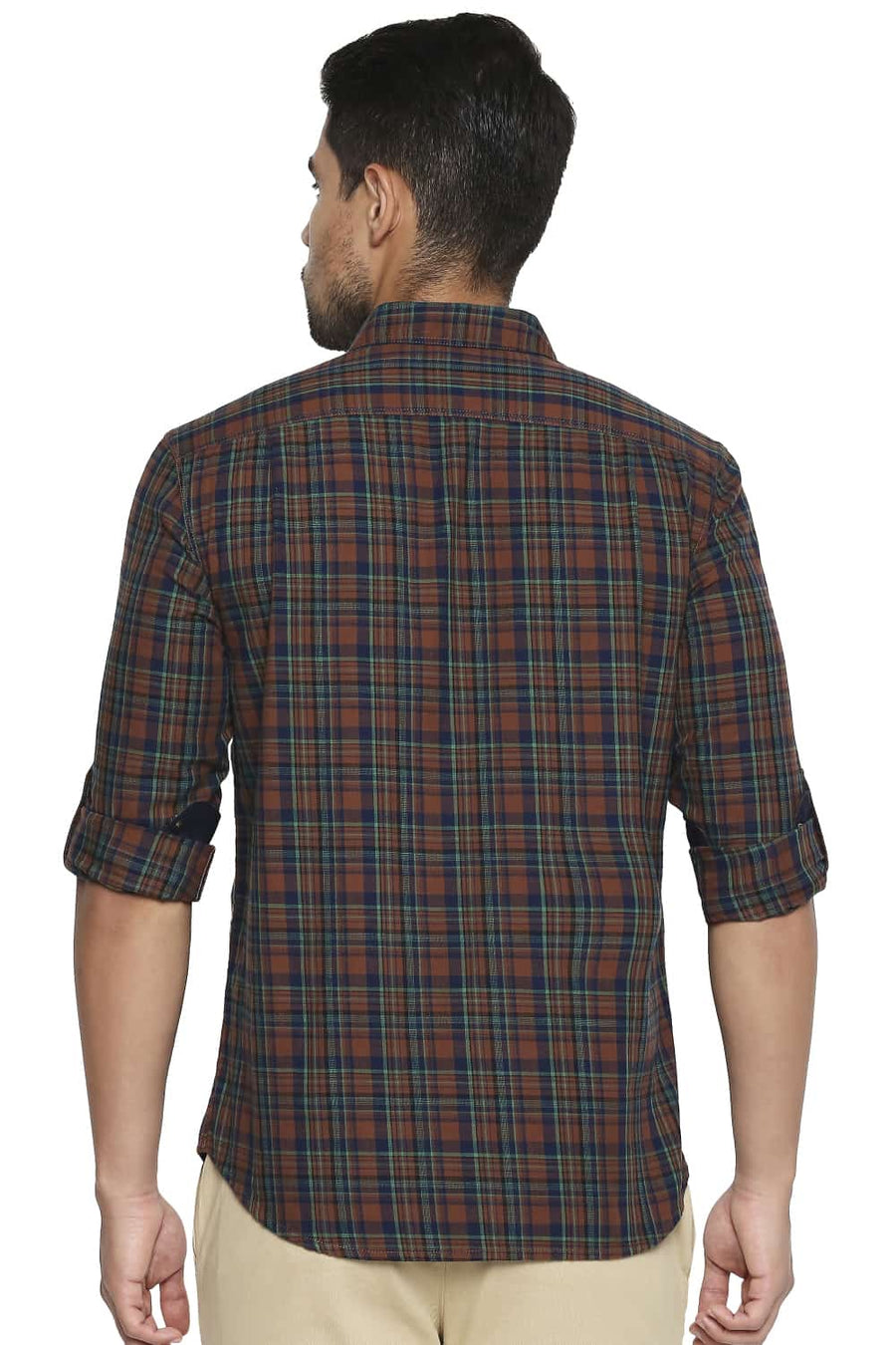 BASICS SLIM FIT CAROB BROWN CHECKS SHIRT