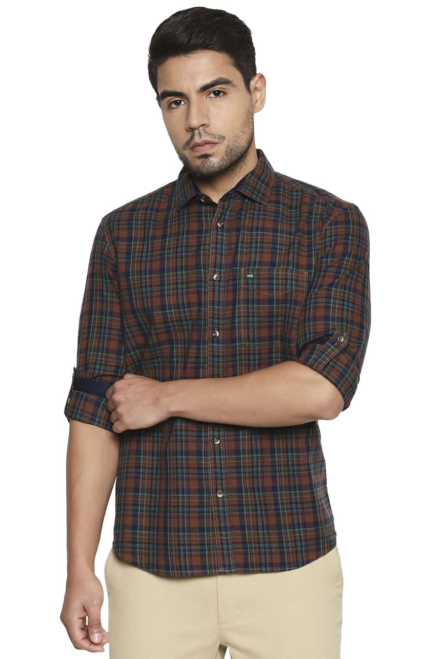 BASICS SLIM FIT CAROB BROWN CHECKS SHIRT