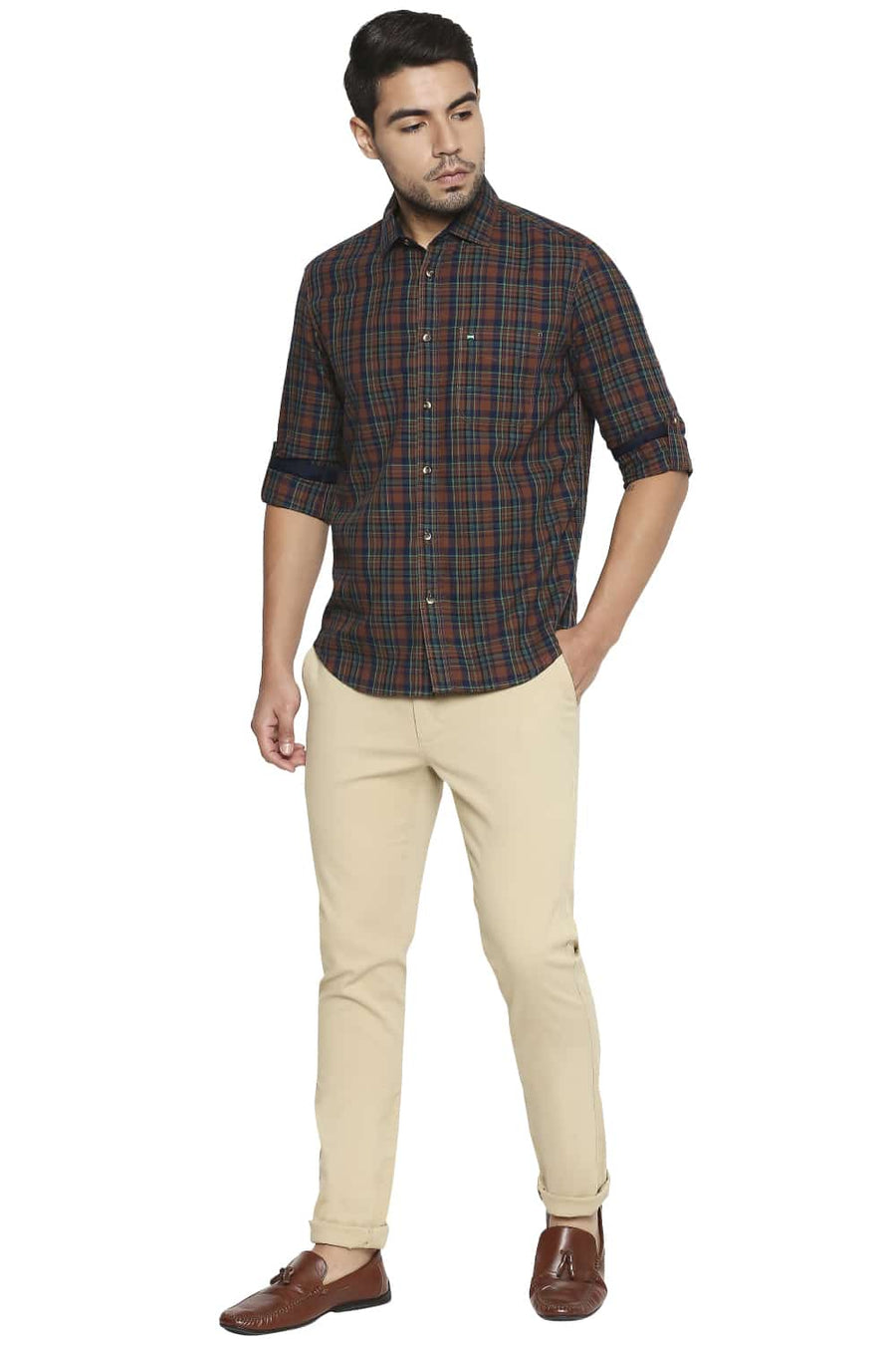 BASICS SLIM FIT CAROB BROWN CHECKS SHIRT