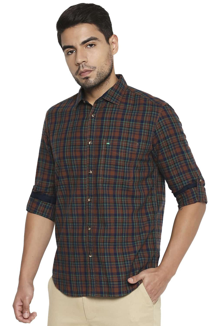 BASICS SLIM FIT CAROB BROWN CHECKS SHIRT
