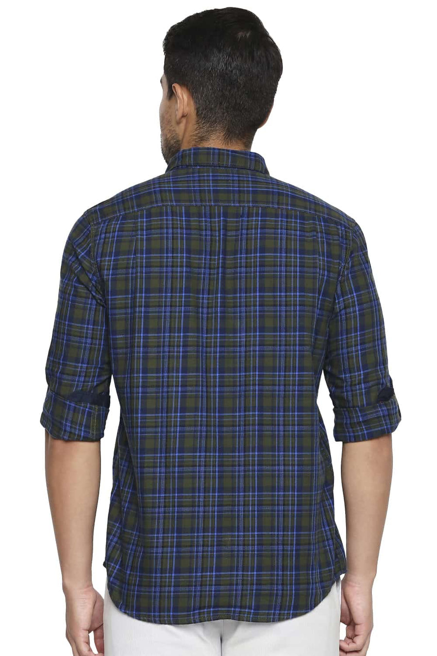 BASICS SLIM FIT GARDEN GREEN CHECKS SHIRT