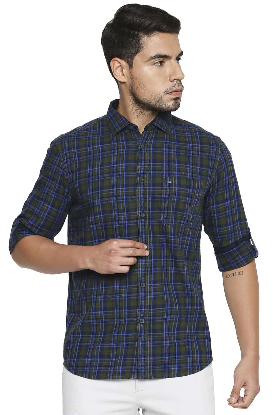 BASICS SLIM FIT GARDEN GREEN CHECKS SHIRT