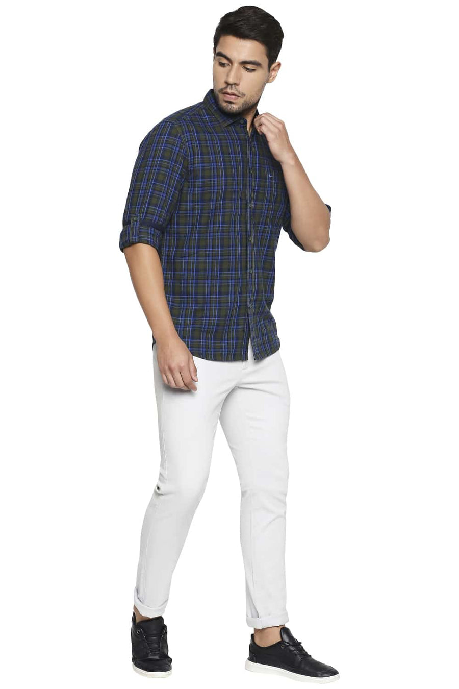 BASICS SLIM FIT GARDEN GREEN CHECKS SHIRT