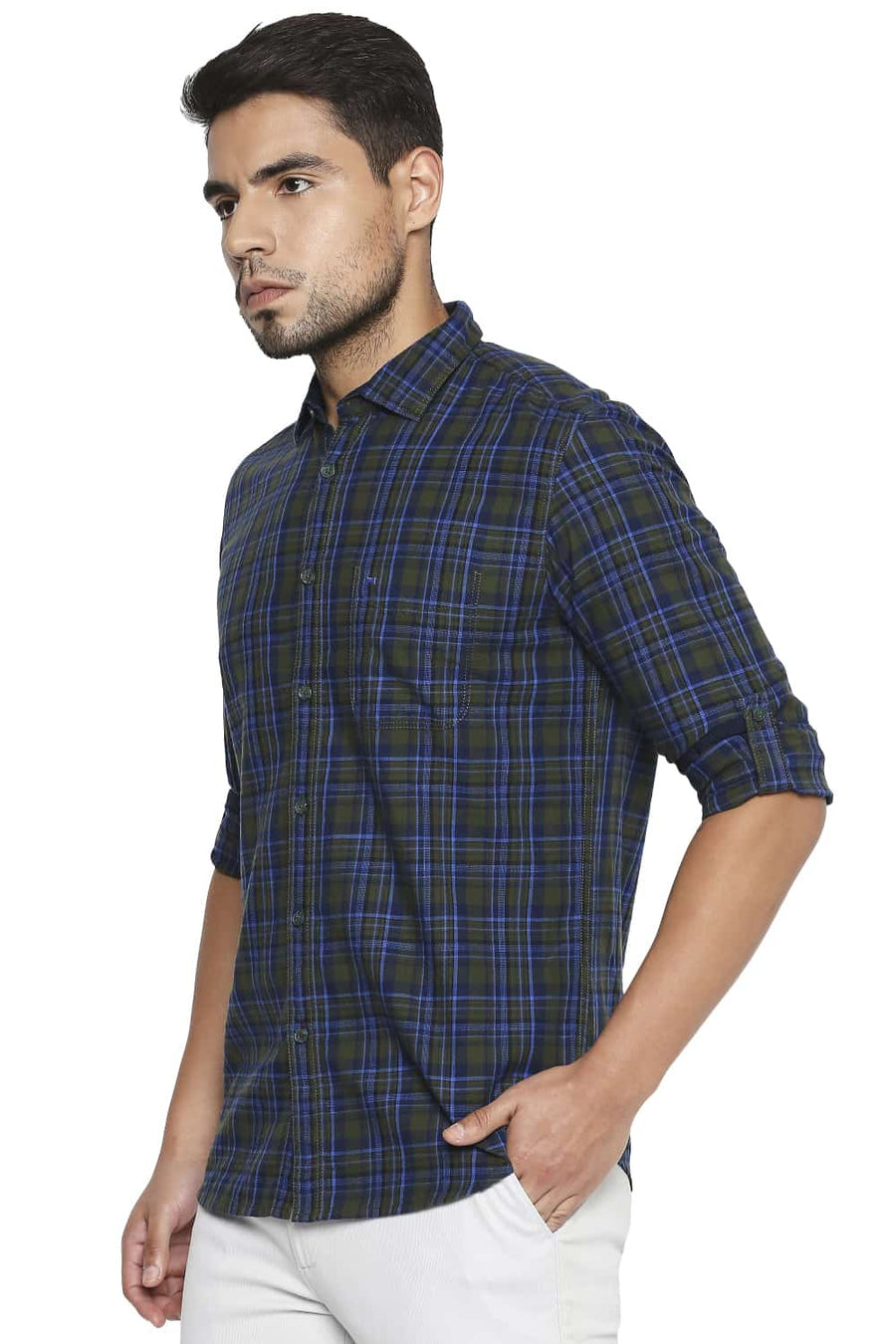 BASICS SLIM FIT GARDEN GREEN CHECKS SHIRT