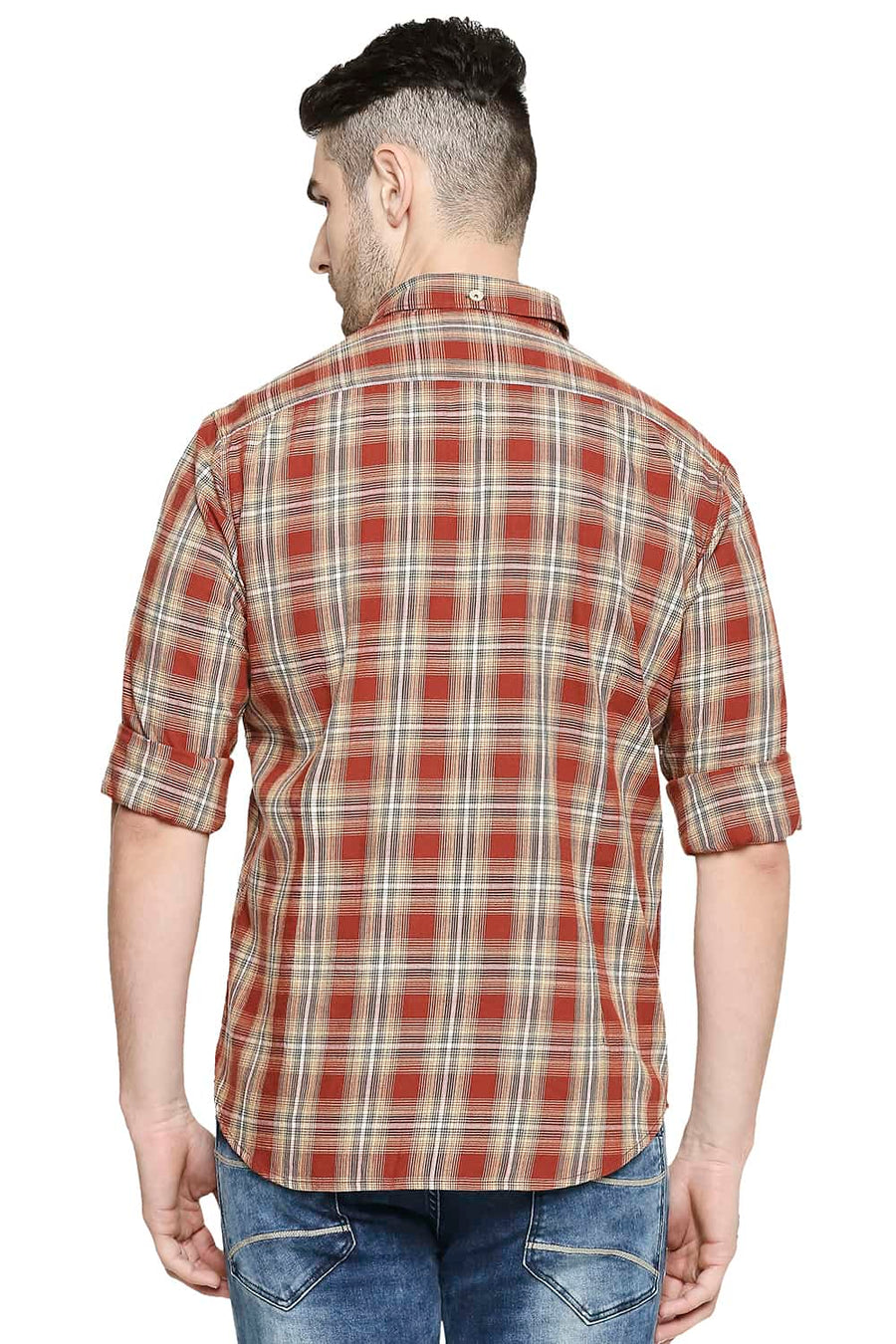 BASICS SLIM FIT CINNABAR BROWN CHECKS SHIRT