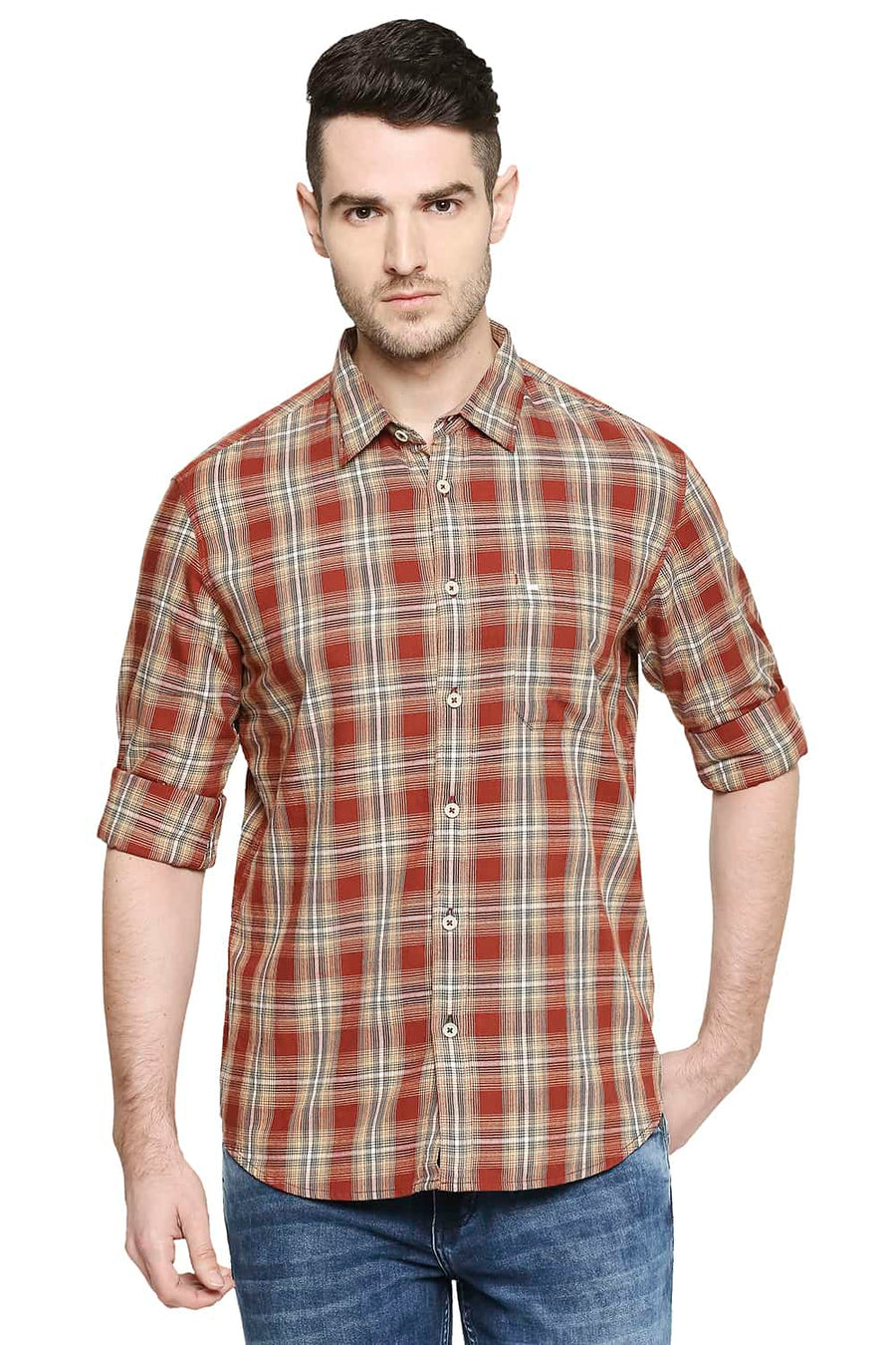 BASICS SLIM FIT CINNABAR BROWN CHECKS SHIRT