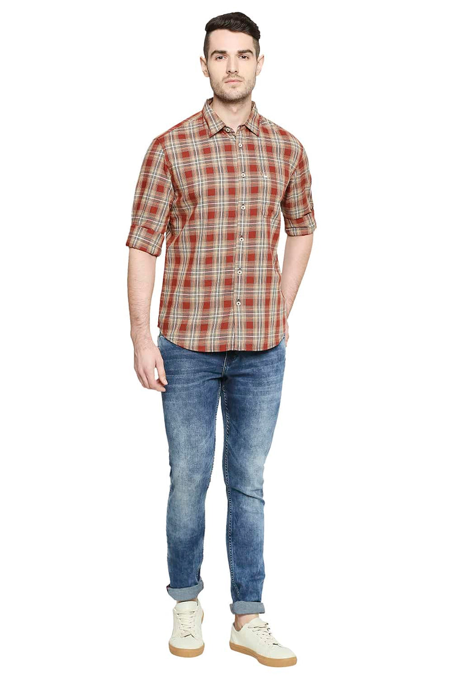 BASICS SLIM FIT CINNABAR BROWN CHECKS SHIRT